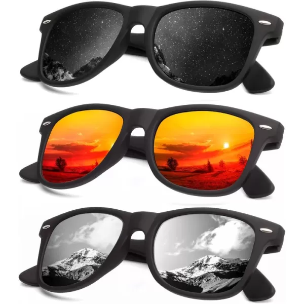 KALIYADI Polarized Sunglasses for Men and Women Matte Finish Sun glasses Color Mirror Lens UV Blocking 3 PackBlackOrangeSilver