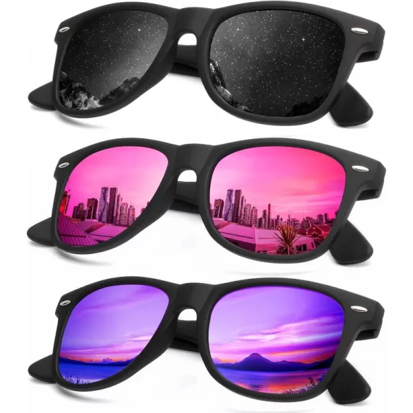 KALIYADI Polarized Sunglasses for Men and Women Matte Finish Sun glasses Color Mirror Lens UV Blocking 3 PackBlackPinkPurple