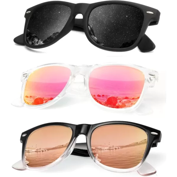 KALIYADI Polarized Sunglasses for Men and Women Matte Finish Sun glasses Color Mirror Lens UV Blocking 3 PackBlackRose PinkPink