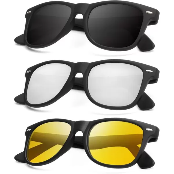 KALIYADI Polarized Sunglasses for Men and Women Matte Finish Sun glasses Color Mirror Lens UV Blocking 3 PackBlackSliverNight Vision