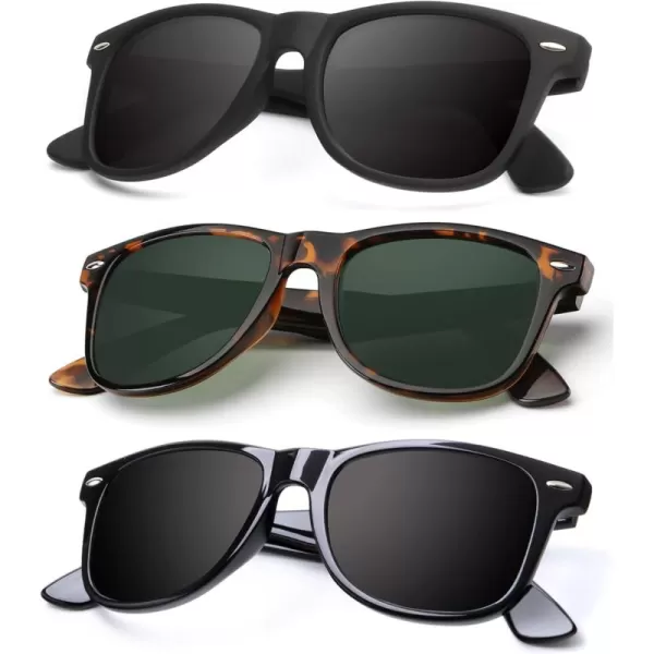 KALIYADI Polarized Sunglasses for Men and Women Matte Finish Sun glasses Color Mirror Lens UV Blocking 3 PackBlackTortoise G15Glossy Black