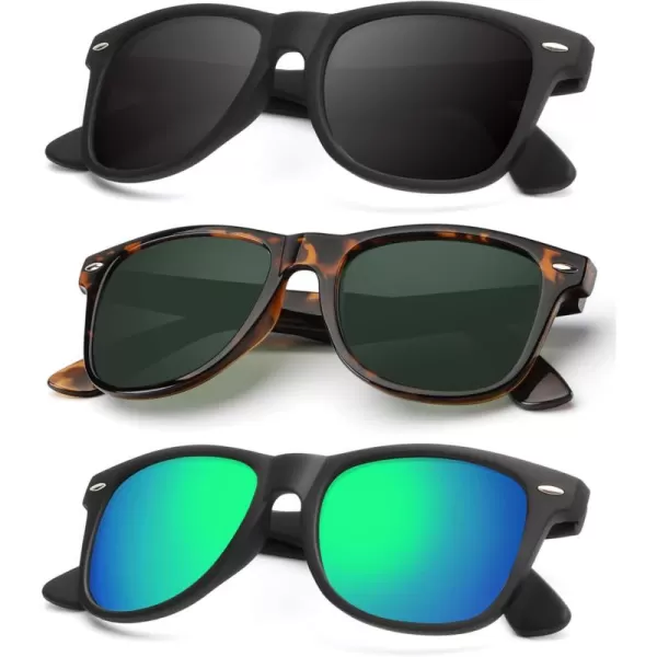 KALIYADI Polarized Sunglasses for Men and Women Matte Finish Sun glasses Color Mirror Lens UV Blocking 3 PackBlackTortoise G15Green