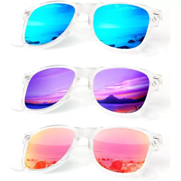 KALIYADI Polarized Sunglasses for Men and Women Matte Finish Sun glasses Color Mirror Lens UV Blocking 3 PackClear Frameice BluePurplePink