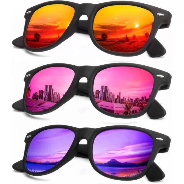 KALIYADI Polarized Sunglasses for Men and Women Matte Finish Sun glasses Color Mirror Lens UV Blocking 3 PackOrangePinkPurple