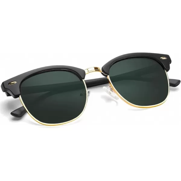 KALIYADI Polarized Sunglasses for Men and Women SemiRimless Frame Driving Sun glasses UV BlockingE2glass Lens  Non Polarized Glossy Black  G15  Gold Rim