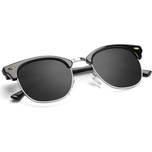 KALIYADI Polarized Sunglasses for Men and Women SemiRimless Frame Driving Sun glasses UV BlockingE3glass Lens  Non Polarized Glossy Black  Black  Silver Rim