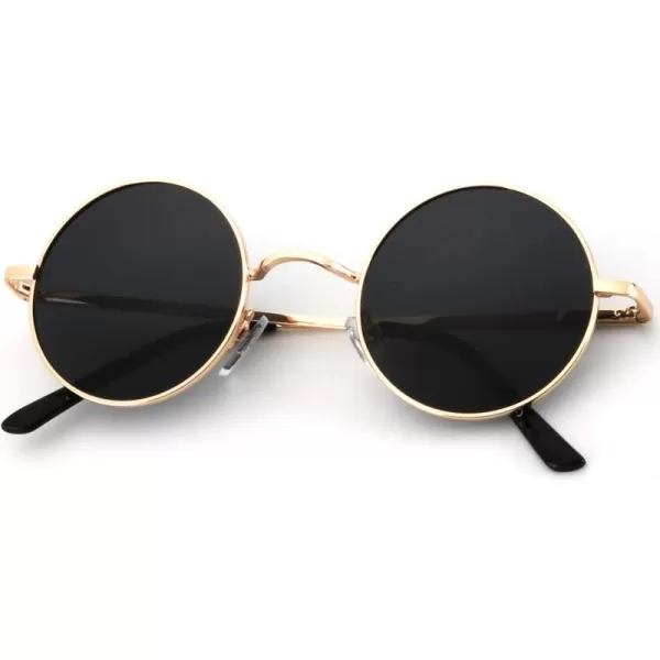 KALIYADI Round Polarized Sunglasses for Men Women Retro Metal Hippie Circle Style Sun Glasses UV ProtectionA02golden Frame Black Lens