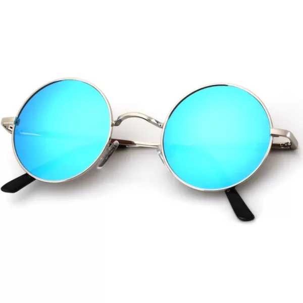 KALIYADI Round Polarized Sunglasses for Men Women Retro Metal Hippie Circle Style Sun Glasses UV ProtectionA06silvery Frame Blue Lens