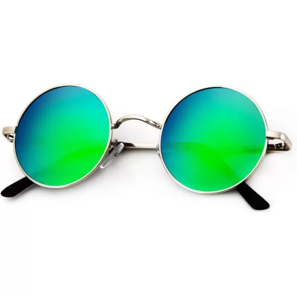 KALIYADI Round Polarized Sunglasses for Men Women Retro Metal Hippie Circle Style Sun Glasses UV ProtectionA07silvery Frame Green Lens