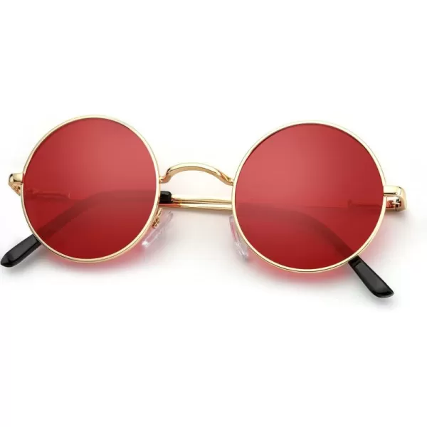KALIYADI Round Polarized Sunglasses for Men Women Retro Metal Hippie Circle Style Sun Glasses UV ProtectionA08golden Frame Red Lens