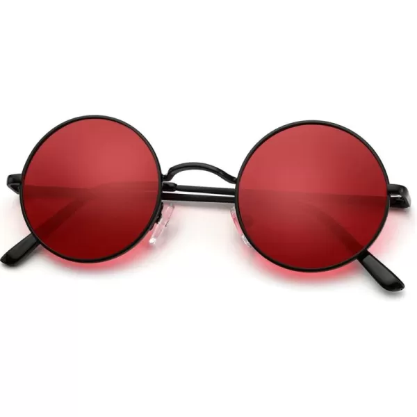 KALIYADI Round Polarized Sunglasses for Men Women Retro Metal Hippie Circle Style Sun Glasses UV ProtectionA09black Frame Red Lens