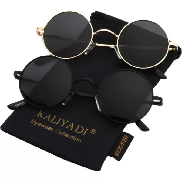 KALIYADI Round Polarized Sunglasses for Men Women Retro Metal Hippie Circle Style Sun Glasses UV ProtectionB12black Frame Black Lens  Golden Frame Black Lens