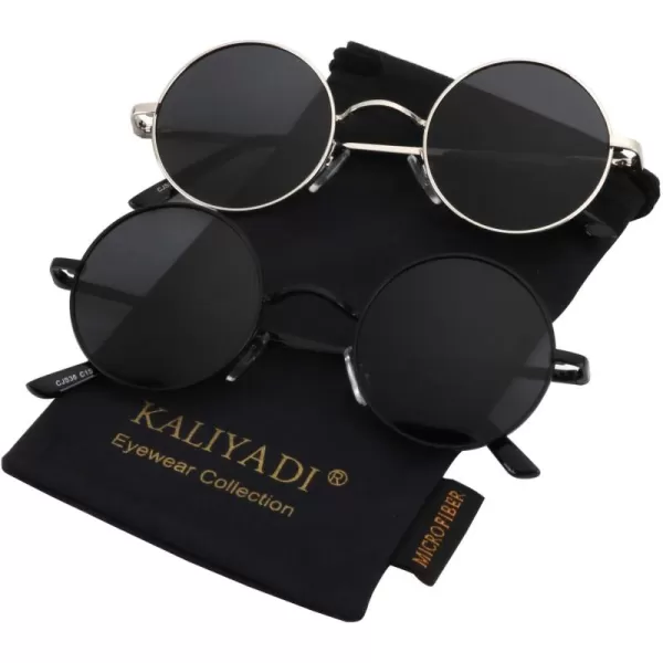 KALIYADI Round Polarized Sunglasses for Men Women Retro Metal Hippie Circle Style Sun Glasses UV ProtectionB13black Frame Black Lens  Silvery Frame Black Lens