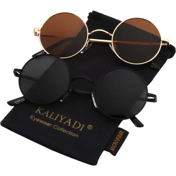 KALIYADI Round Polarized Sunglasses for Men Women Retro Metal Hippie Circle Style Sun Glasses UV ProtectionB14black Frame Black Lens  Golden Frame Brown Lens
