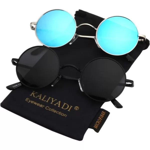 KALIYADI Round Polarized Sunglasses for Men Women Retro Metal Hippie Circle Style Sun Glasses UV ProtectionB15black Frame Black Lens  Silvery Frame Blue Lens