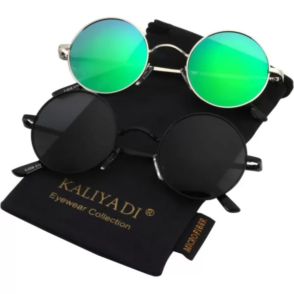 KALIYADI Round Polarized Sunglasses for Men Women Retro Metal Hippie Circle Style Sun Glasses UV ProtectionB16black Frame Black Lens  Silvery Frame Green Lens