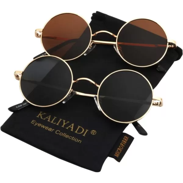 KALIYADI Round Polarized Sunglasses for Men Women Retro Metal Hippie Circle Style Sun Glasses UV ProtectionB18golden Frame Black Lens  Golden Frame Brown Lens