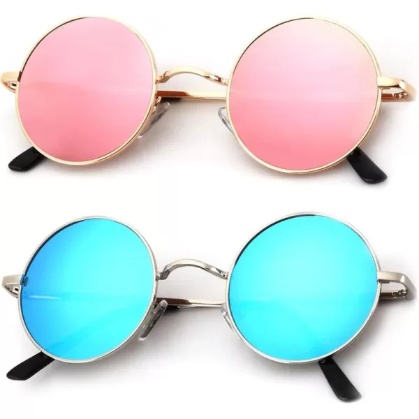 KALIYADI Round Polarized Sunglasses for Men Women Retro Metal Hippie Circle Style Sun Glasses UV ProtectionB19golden Frame Pink Lens  Silvery Frame Blue Lens