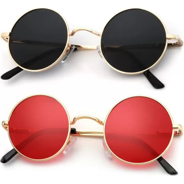 KALIYADI Round Polarized Sunglasses for Men Women Retro Metal Hippie Circle Style Sun Glasses UV ProtectionB20golden Frame Black Lens  Golden Frame Red Lens