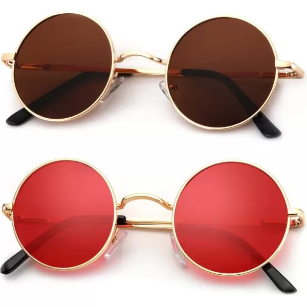 KALIYADI Round Polarized Sunglasses for Men Women Retro Metal Hippie Circle Style Sun Glasses UV ProtectionB21golden Frame Brown Lens  Golden Frame Red Lens