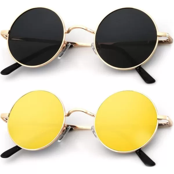 KALIYADI Round Polarized Sunglasses for Men Women Retro Metal Hippie Circle Style Sun Glasses UV ProtectionB22golden Frame Black Lens  Golden Frame Yellow Lens