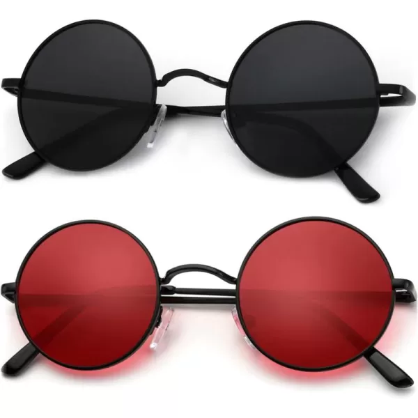 KALIYADI Round Polarized Sunglasses for Men Women Retro Metal Hippie Circle Style Sun Glasses UV ProtectionB23black Frame Black Lens  Black Frame Red Lens