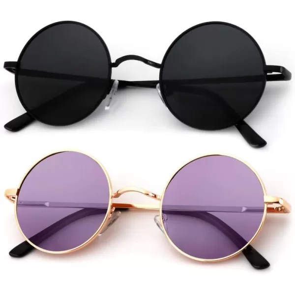 KALIYADI Round Polarized Sunglasses for Men Women Retro Metal Hippie Circle Style Sun Glasses UV ProtectionB24black  Golden Frame Clear Purple Lens