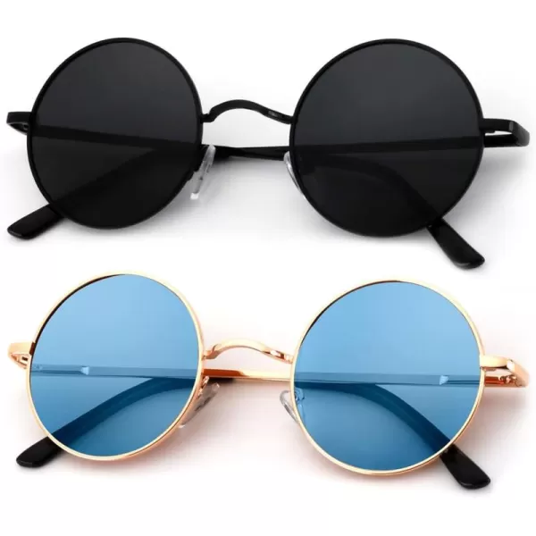 KALIYADI Round Polarized Sunglasses for Men Women Retro Metal Hippie Circle Style Sun Glasses UV ProtectionB25black  Golden Frame Clear Blue Lens