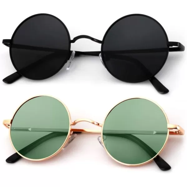 KALIYADI Round Polarized Sunglasses for Men Women Retro Metal Hippie Circle Style Sun Glasses UV ProtectionB26black  Golden Frame Clear Green Lens
