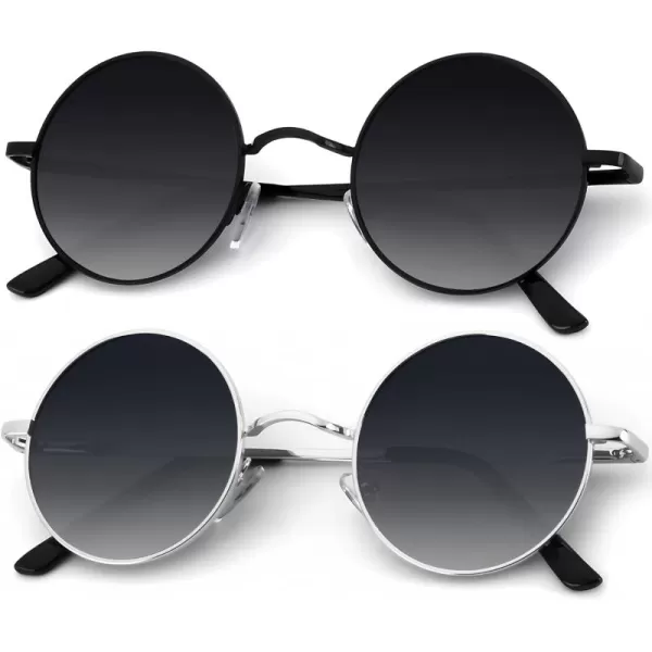 KALIYADI Round Polarized Sunglasses for Men Women Retro Metal Hippie Circle Style Sun Glasses UV ProtectionB28black Frame Gradient Black Lens  Sliver Frame Gradient Black Lens
