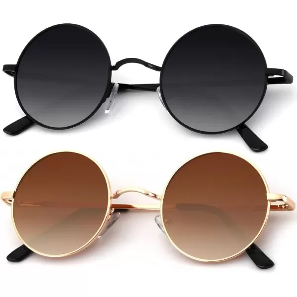 KALIYADI Round Polarized Sunglasses for Men Women Retro Metal Hippie Circle Style Sun Glasses UV ProtectionB29black Frame Gradient Black Lens  Gold Frame Gradient Brown Lens