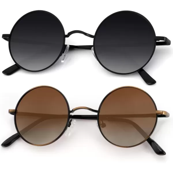 KALIYADI Round Polarized Sunglasses for Men Women Retro Metal Hippie Circle Style Sun Glasses UV ProtectionB30black Frame Gradient Black Lens  Bronze Frame Gradient Brown Lens