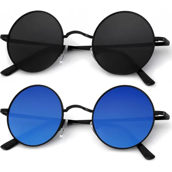 KALIYADI Round Polarized Sunglasses for Men Women Retro Metal Hippie Circle Style Sun Glasses UV ProtectionB33black  Black Frame Clear Dark Blue Lens