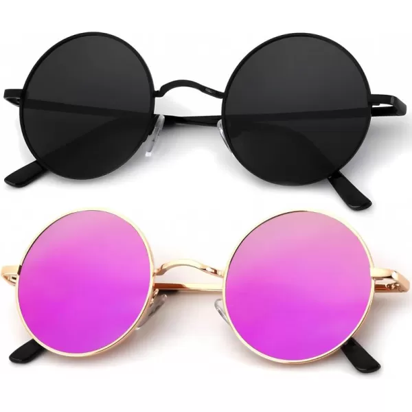 KALIYADI Round Polarized Sunglasses for Men Women Retro Metal Hippie Circle Style Sun Glasses UV ProtectionB34black  Gold Frame Mirrored Purple Lens