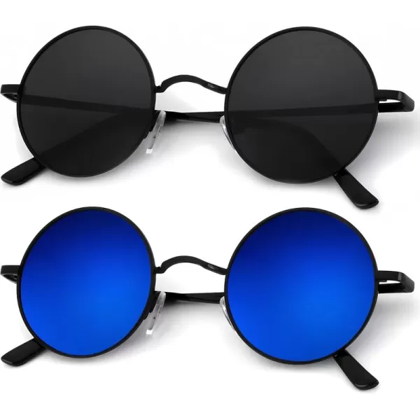 KALIYADI Round Polarized Sunglasses for Men Women Retro Metal Hippie Circle Style Sun Glasses UV ProtectionB36black  Black Frame Mirrored Dark Blue Lens