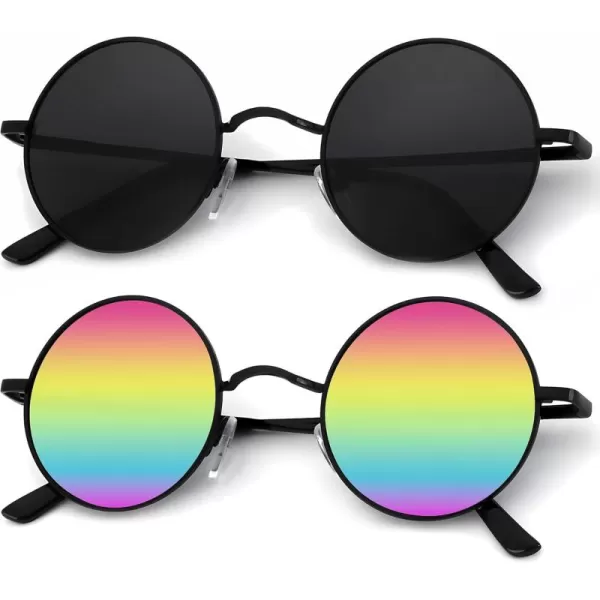 KALIYADI Round Polarized Sunglasses for Men Women Retro Metal Hippie Circle Style Sun Glasses UV ProtectionB37black  Black Frame Mirrored Rainbow Lens