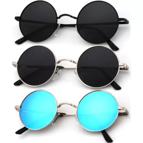 KALIYADI Round Polarized Sunglasses for Men Women Retro Metal Hippie Circle Style Sun Glasses UV ProtectionC26black  Silvery  Silvery Frame Blue Lens