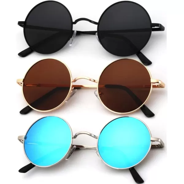 KALIYADI Round Polarized Sunglasses for Men Women Retro Metal Hippie Circle Style Sun Glasses UV ProtectionC27black  Golden Frame Brown Lens  Silvery Frame Blue Lens