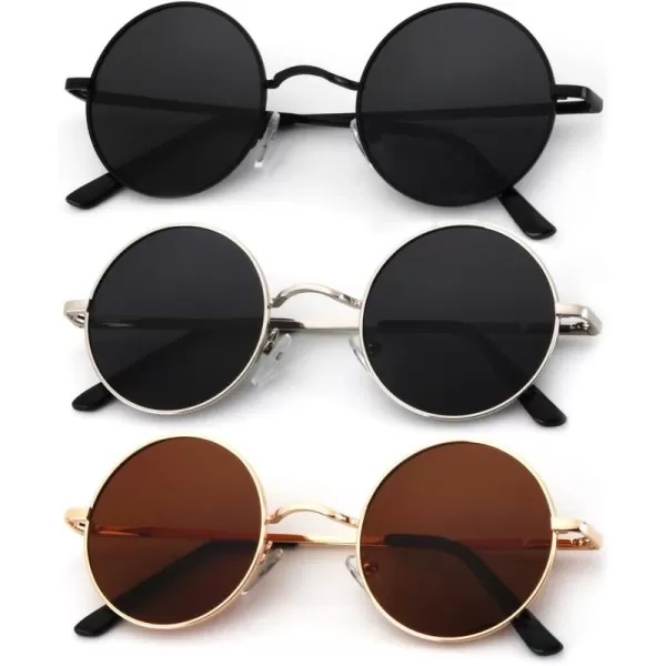 KALIYADI Round Polarized Sunglasses for Men Women Retro Metal Hippie Circle Style Sun Glasses UV ProtectionC30black  Silvery  Golden Frame Brown Lens