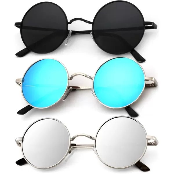 KALIYADI Round Polarized Sunglasses for Men Women Retro Metal Hippie Circle Style Sun Glasses UV ProtectionC35black  Silvery Frame Blue Lens Silvery