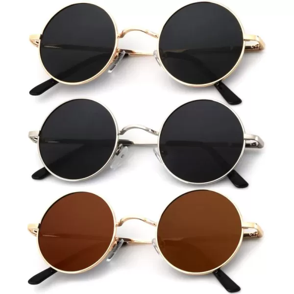 KALIYADI Round Polarized Sunglasses for Men Women Retro Metal Hippie Circle Style Sun Glasses UV ProtectionC39 Golden Black  Silvery Black  Golden Brown