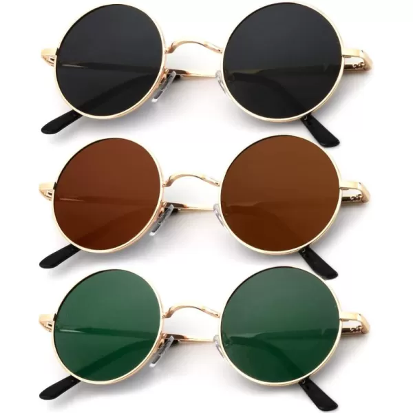 KALIYADI Round Polarized Sunglasses for Men Women Retro Metal Hippie Circle Style Sun Glasses UV ProtectionC40golden Black  Golden Brown  Golden G15