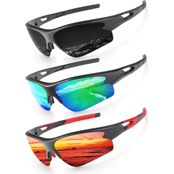 KALIYADI Sports Sunglasses for Men Polarized Sun Glasses for Men Women Youth Baseball Softball with UV Protection3 Packs BlackBlue GreenRed