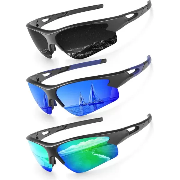 KALIYADI Sports Sunglasses for Men Polarized Sun Glasses for Men Women Youth Baseball Softball with UV Protection3 Packs BlackDark BlueBlue Green