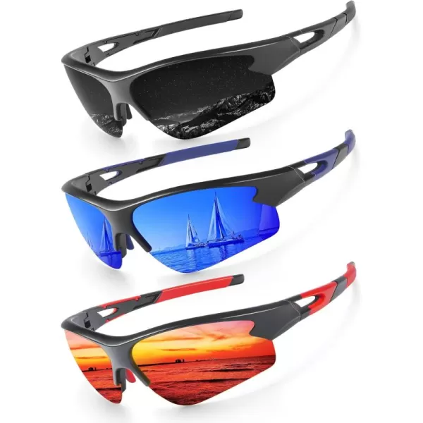 KALIYADI Sports Sunglasses for Men Polarized Sun Glasses for Men Women Youth Baseball Softball with UV Protection3 Packs BlackDark BlueRed