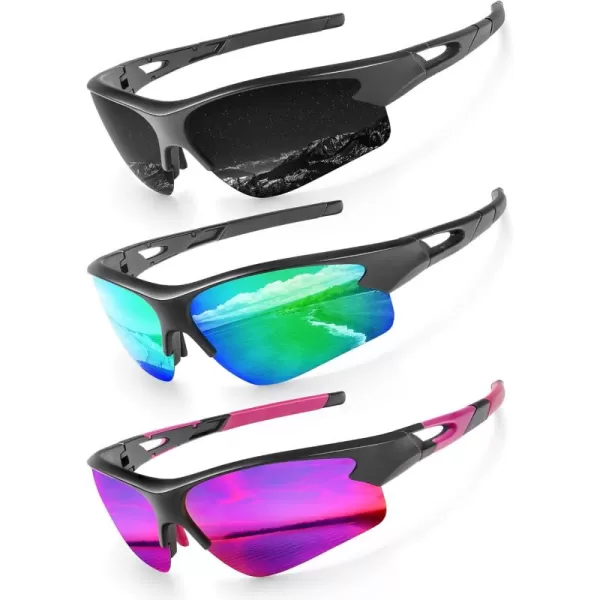KALIYADI Sports Sunglasses for Men Polarized Sun Glasses for Men Women Youth Baseball Softball with UV Protection3 Packs BlackPurplish RedBlue Green