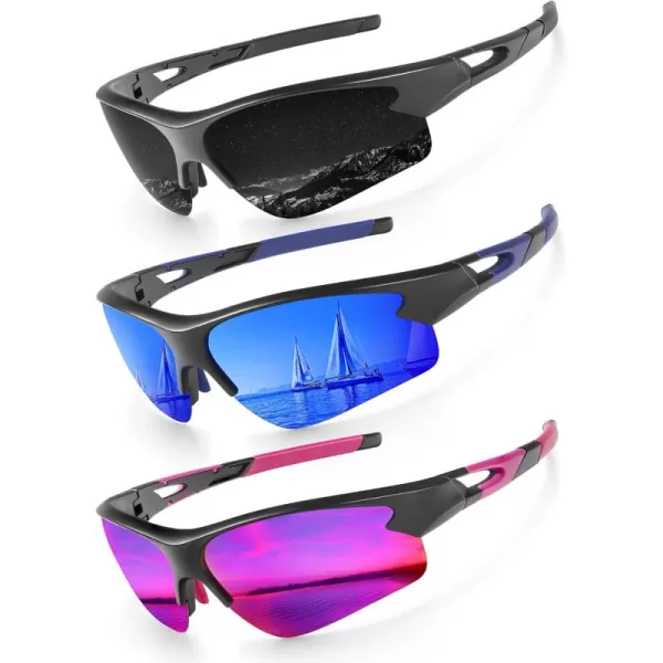 KALIYADI Sports Sunglasses for Men Polarized Sun Glasses for Men Women Youth Baseball Softball with UV Protection3 Packs BlackPurplish RedDark Blue