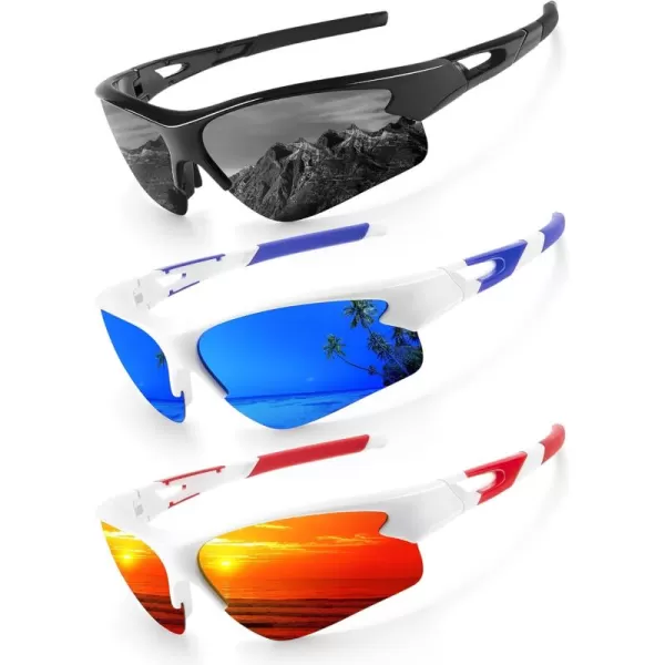 KALIYADI Sports Sunglasses for Men Polarized Sun Glasses for Men Women Youth Baseball Softball with UV Protection3 Packs BlackWhite  RedWhite  Dark Blue