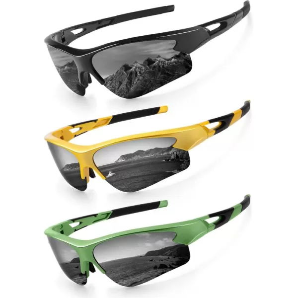 KALIYADI Sports Sunglasses for Men Polarized Sun Glasses for Men Women Youth Baseball Softball with UV Protection3 Packs Glossy BlackGlossy GoldGlossy Olive