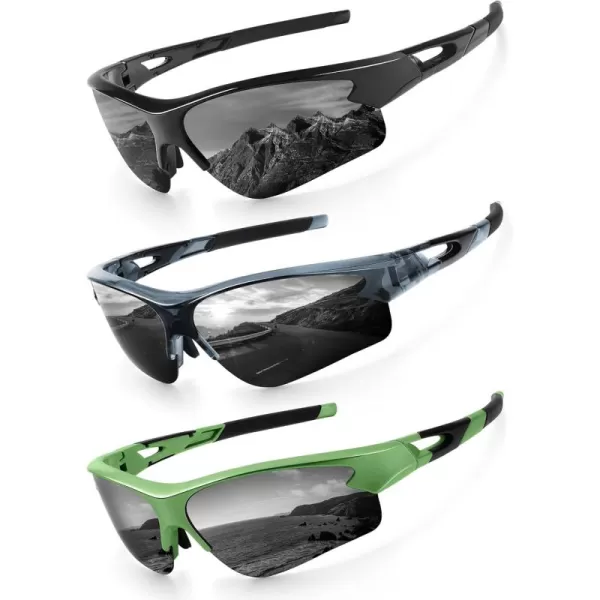 KALIYADI Sports Sunglasses for Men Polarized Sun Glasses for Men Women Youth Baseball Softball with UV Protection3 Packs Glossy BlackGlossy Transparent GreyGlossy Olive